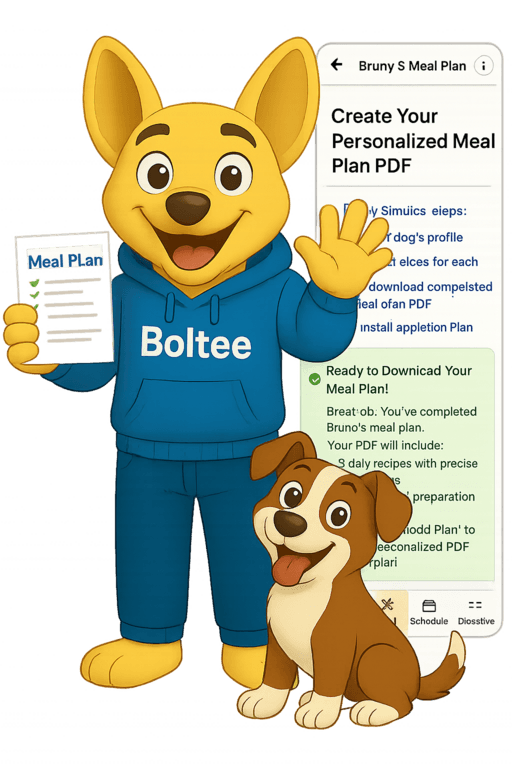 Boltee mascot holding a meal plan with a happy dog